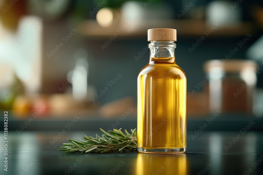 culinary ingredients display, a bottle of rosemary oil among spices and cooking tools on a rustic kitchen counter, bathed in soft ambient light culinary ingredients display, a bottle of rosemary oil among spices and cooking tools on a rustic kitchen counter, bathed in soft ambient light