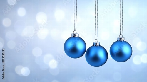 Three blue Christmas ornaments hanging elegantly against a shimmering background, perfect for holiday themes.