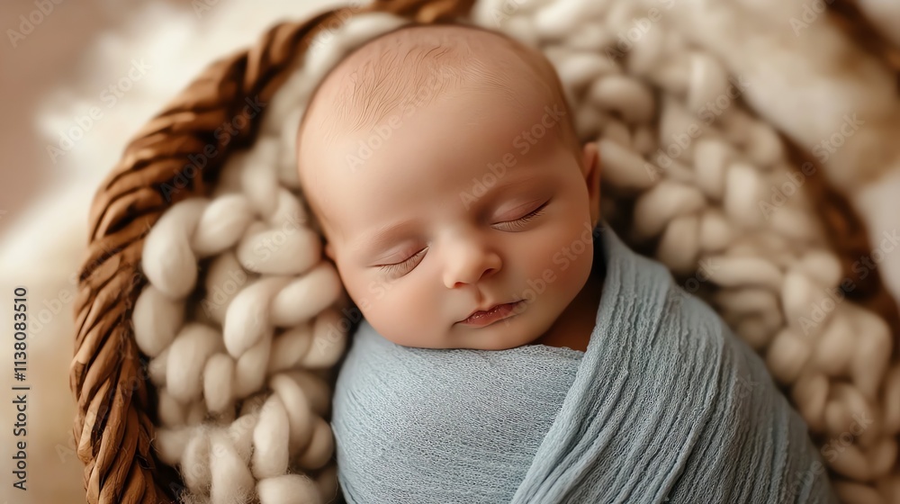 A newborn baby wrapped in a blue blanket, sleeping peacefully. A newborn baby wrapped in a blue blanket, sleeping peacefully.