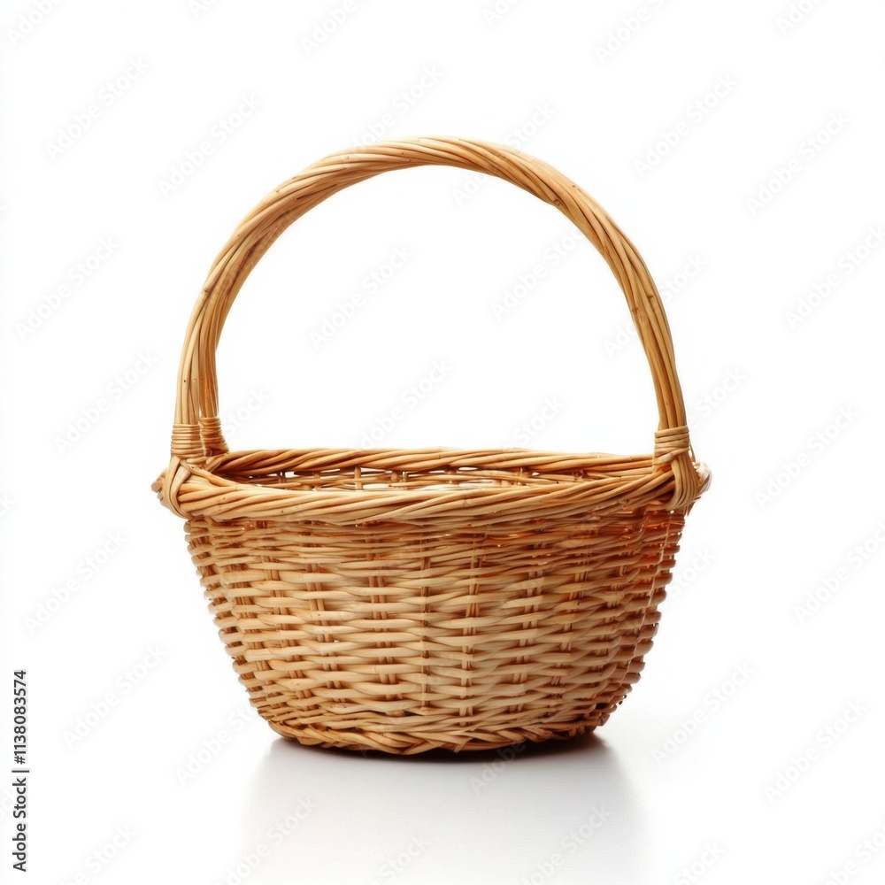Wicker basket display isolated on white background photography studio setting minimalist viewpoint stylish concept Wicker basket display isolated on white background photography studio setting minimalist viewpoint stylish concept