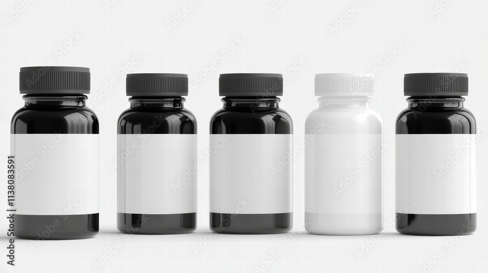 Collection of empty pill bottles showcasing various shapes and sizes with blank labels for custom branding. Collection of empty pill bottles showcasing various shapes and sizes with blank labels for custom branding.