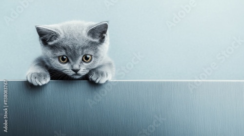 A curious grey kitten exploring its surroundings with large, expressive eyes.