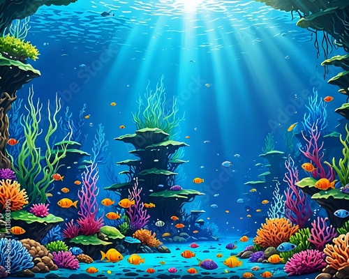 Seabed landscape. Underwater sea ecosystem, marine aquarium bottom with seaweed algae stone fish ocean fauna panorama seafloor under water world scene ingenious vector illustration
