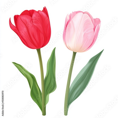 Beautiful red and pink tulips with green leaves, perfect for spring decor and floral designs.