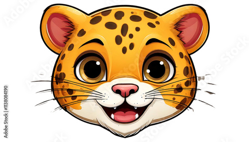 Cartoon Jaguar with Emoji-Style Big Eyes and a Smile on a White Background