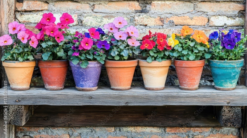 A row of flowerpots with vibrant blooms on a rustic wooden shelf in a garden A row of flowerpots with vibrant blooms on a rustic wooden shelf in a garden