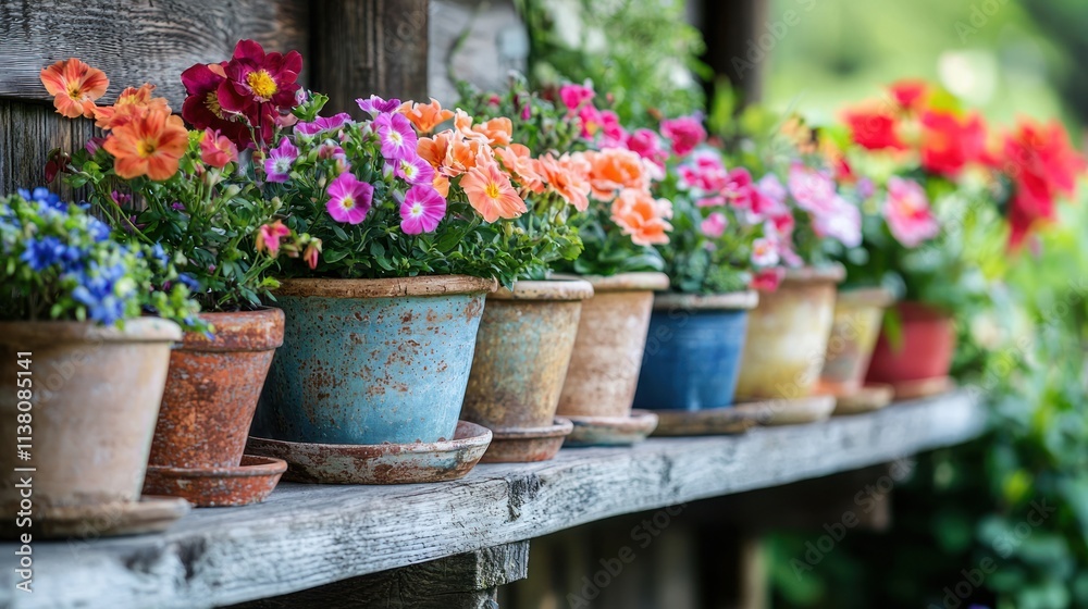 A row of flowerpots with vibrant blooms on a rustic wooden shelf in a garden A row of flowerpots with vibrant blooms on a rustic wooden shelf in a garden