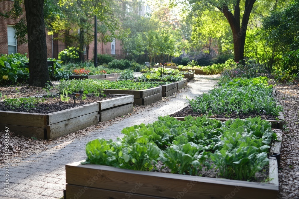 Obraz premium Community garden flourishing with fresh produce in raised beds