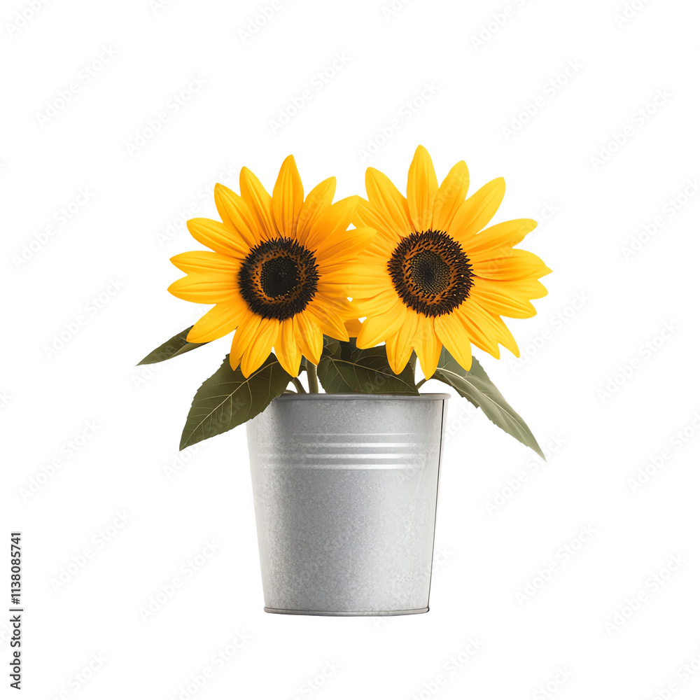 Obraz premium Bright sunflowers in a silver pot. transparent background