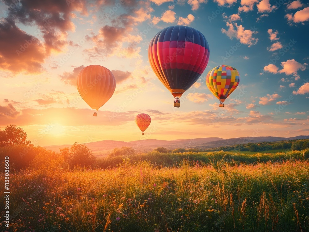Obraz premium Colorful hot air balloons soaring over a scenic landscape at sunset.
