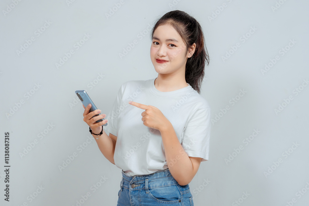 A portrait of a cheerful Asian woman looking at her smartphone over white background A portrait of a cheerful Asian woman looking at her smartphone over white background