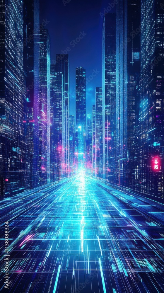 Obraz premium abstract futuristic cityscape under glowing neon lights, isolated dynamic background, intricate architectural details, surreal perspective, high-tech urban energy