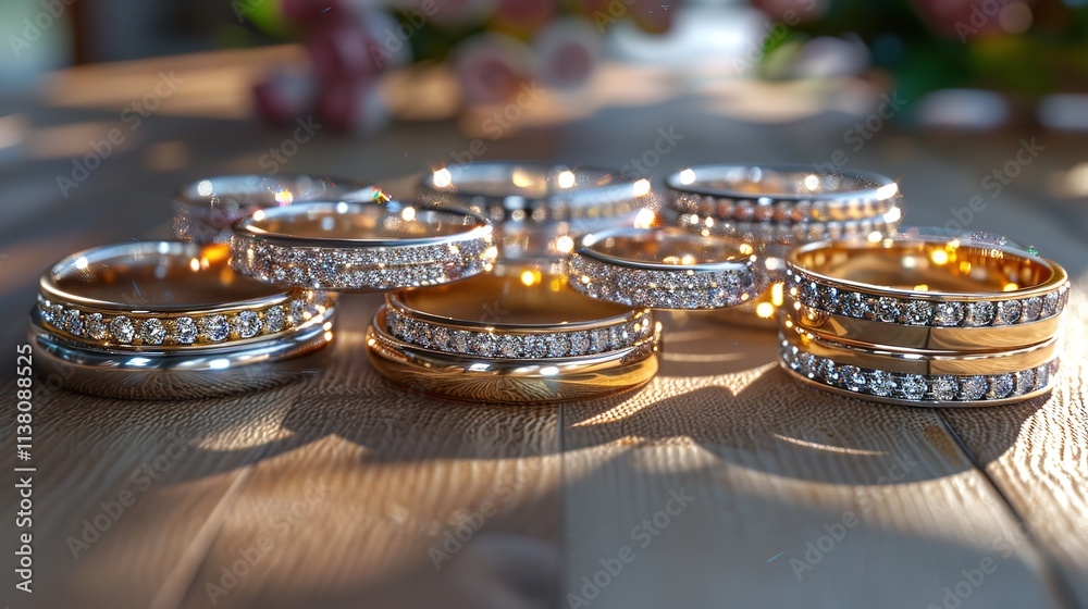 wedding rings are sitting on a white bench, rendered in unreal engine, gold wedding rings are sitting on a white bench, rendered in unreal engine, gold