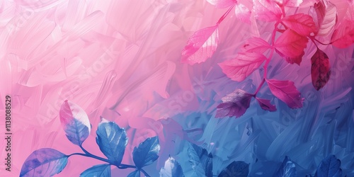 Abstract background with leaves and artistic brush strokes, bright pink and blue colors.