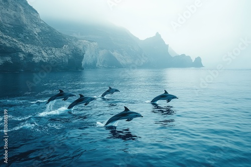 Dolphins jumping synchronized in beautiful blue ocean near rocky coastline