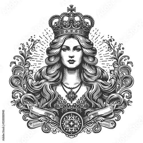 queen wearing a crown, surrounded by ornate floral and decorative patterns sketch engraving generative ai fictional character vector illustration. Scratch board imitation. Black and white image.