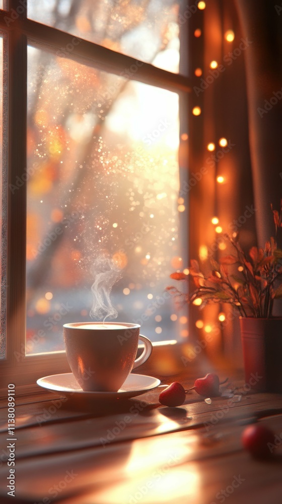cozy scene with a cup of steaming coffee in warm light, inviting and serene, focus on comfort and simplicity cozy scene with a cup of steaming coffee in warm light, inviting and serene, focus on comfort and simplicity