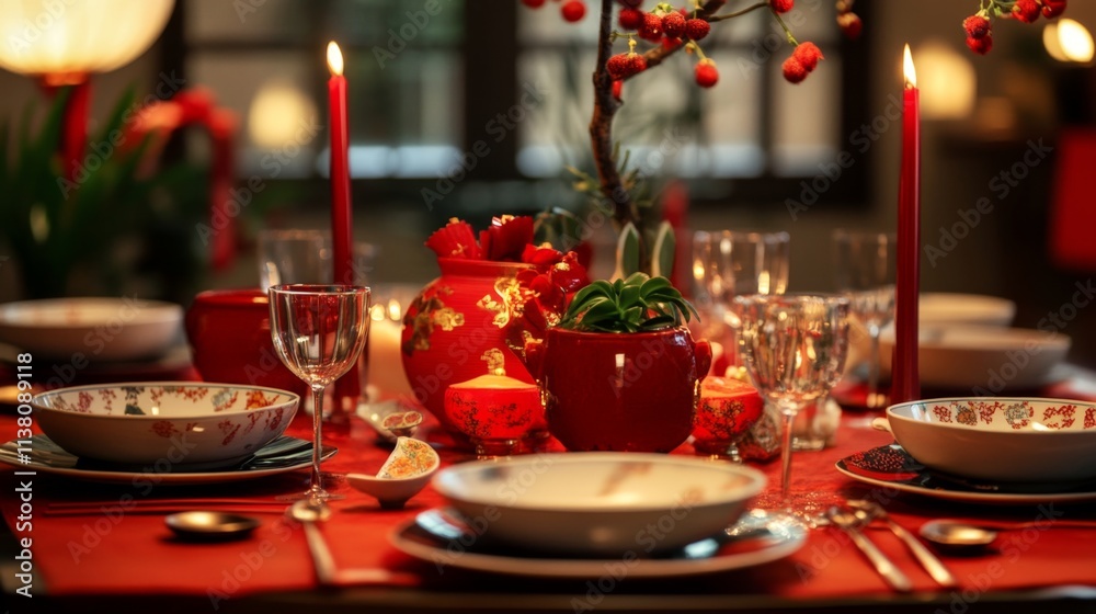 Festive table served for Chinese New Year celebration in dining room Festive table served for Chinese New Year celebration in dining room