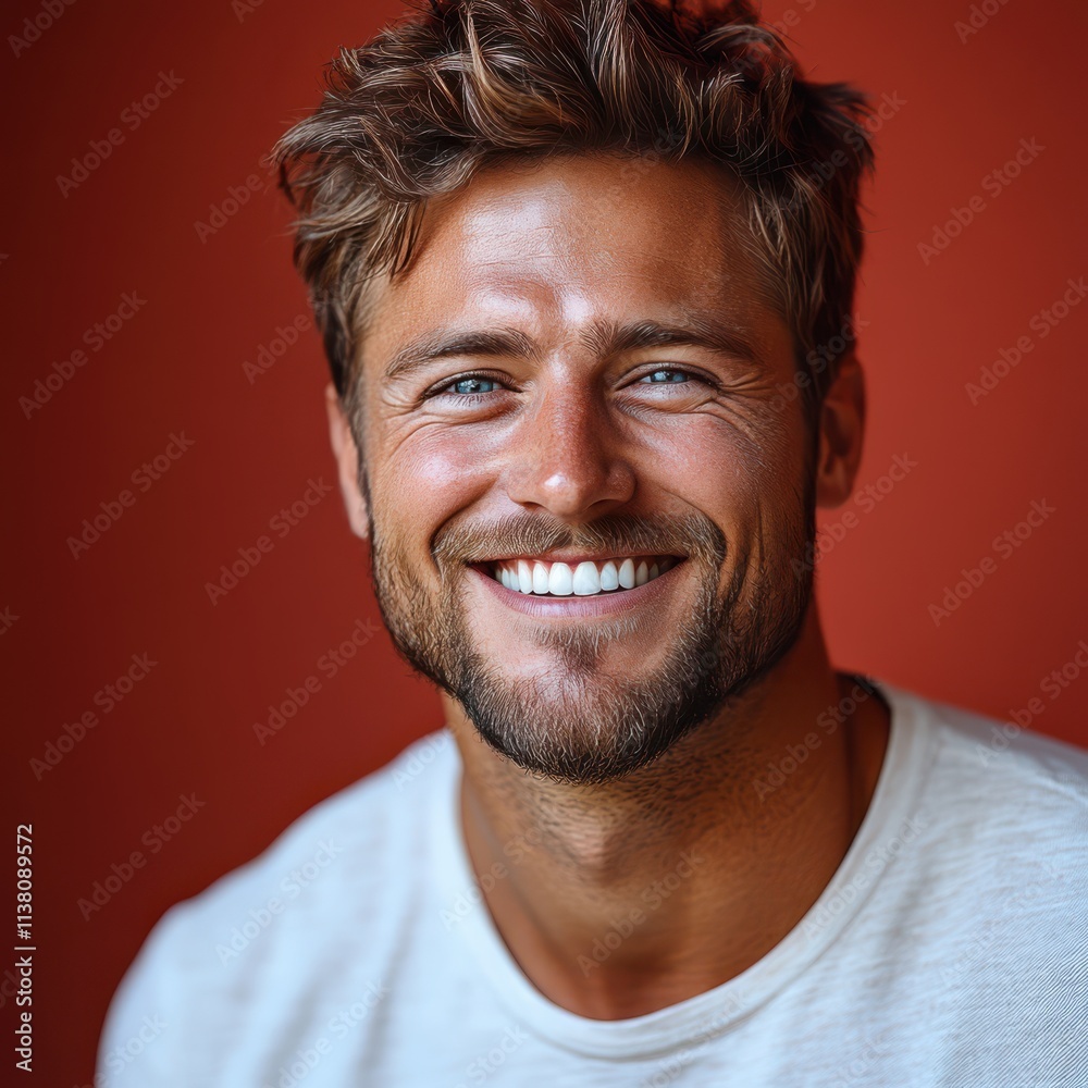 A young man with casual t-shirt is smiling at the camera, solid color background A young man with casual t-shirt is smiling at the camera, solid color background