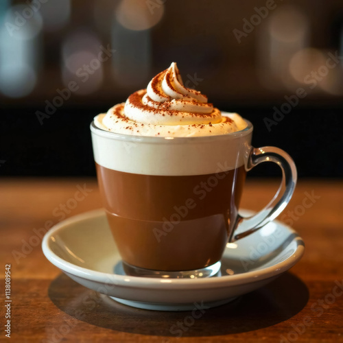glass transparent mug of hot Viennese coffee with whipped cream and chocolate chips