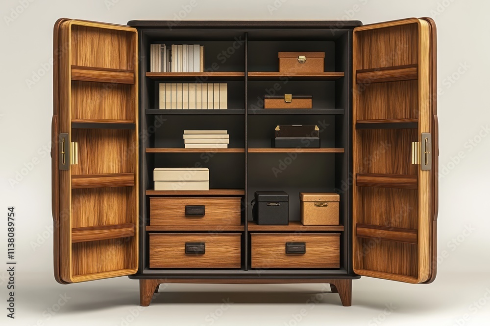 Open wooden cabinet with shelves and drawers, filled with books and boxes. Open wooden cabinet with shelves and drawers, filled with books and boxes.