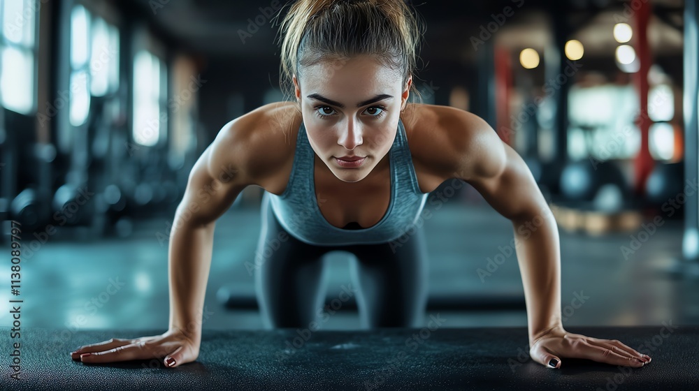 Fit woman doing a push-up in a gym. Fit woman doing a push-up in a gym.