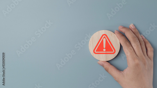 Red Flag Alert in wood label. Warning Icon for Important Notices and Risks Exclamation marks and caution symbols to emphasize danger and critical attention in risk management.