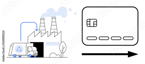 Recycling truck unloading materials at factory with smoke stacks, credit card icon on right side. Ideal for recycling, waste management, eco-friendly production, industrial processes, sustainability