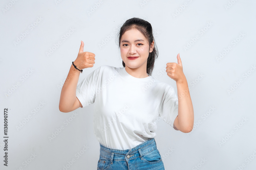 Young pretty woman smiling joyfully and looking happy, feeling carefree and positive with both thumbs up isolated on white background Young pretty woman smiling joyfully and looking happy, feeling carefree and positive with both thumbs up isolated on white background