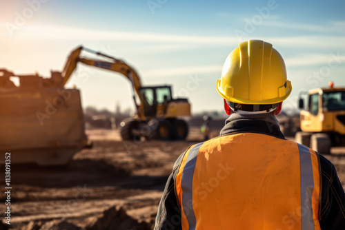 generated illustration of construction worker supervising excavator on building site.