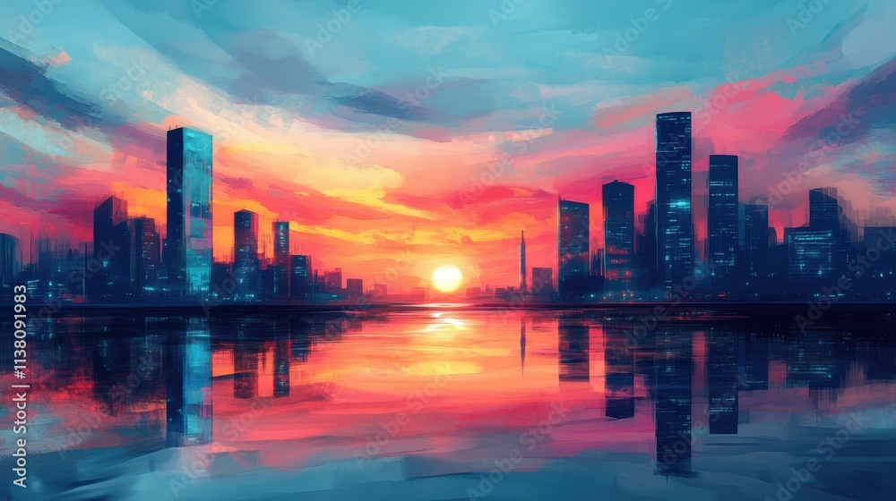 Fototapeta premium sunrise over futuristic cityscape, colorful sky with hues of pink, blue, and orange, reflections on modern buildings, soft and serene atmosphere