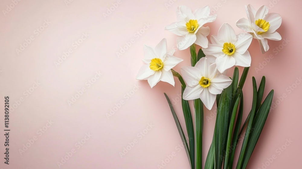 flowers on light pink background. Springtime composition with copy space. Flat lay style flowers on light pink background. Springtime composition with copy space. Flat lay style