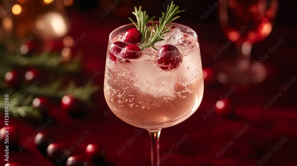 A photo of a Moscato spritz cocktail with ice, cranberry, and rosemary garnish in a glass on a dark red background. A photo of a Moscato spritz cocktail with ice, cranberry, and rosemary garnish in a glass on a dark red background.