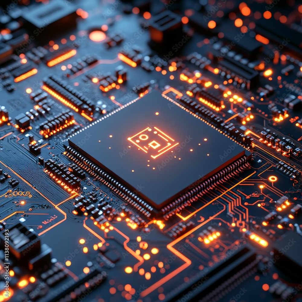 Futuristic AI Chip on Circuit Board Close-Up Futuristic AI Chip on Circuit Board Close-Up