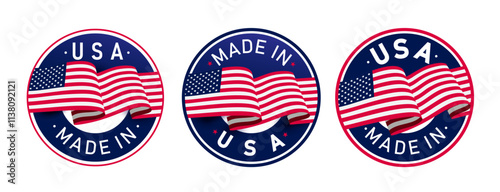 Made in USA vector symbols, logo. Template composition with American flag for badge, label, pin, for any product made in the United States of America. Variants for light and dark backgrounds.