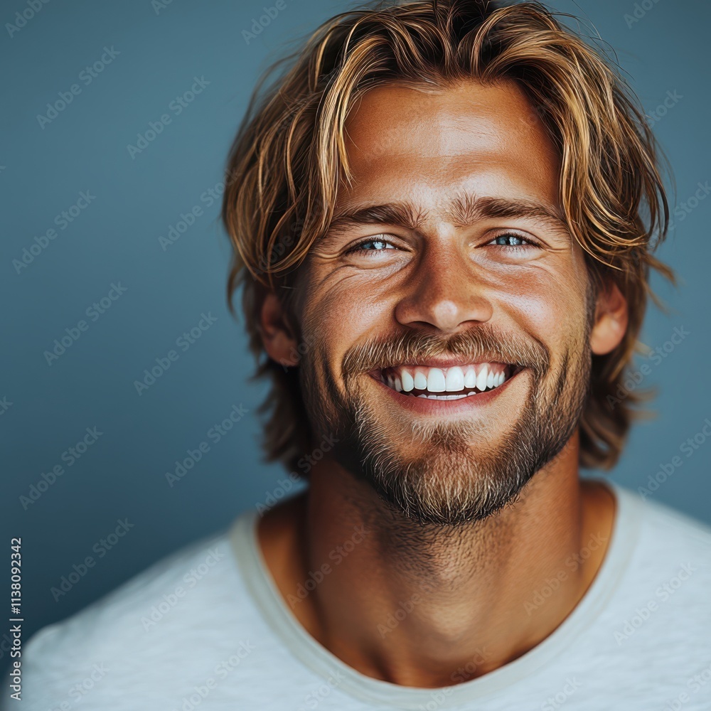 A young man with casual t-shirt is smiling at the camera, solid color background A young man with casual t-shirt is smiling at the camera, solid color background