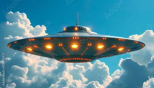 Flying saucer with colorful lights, sunset sky, science fiction theme, mysterious UFO, clouds