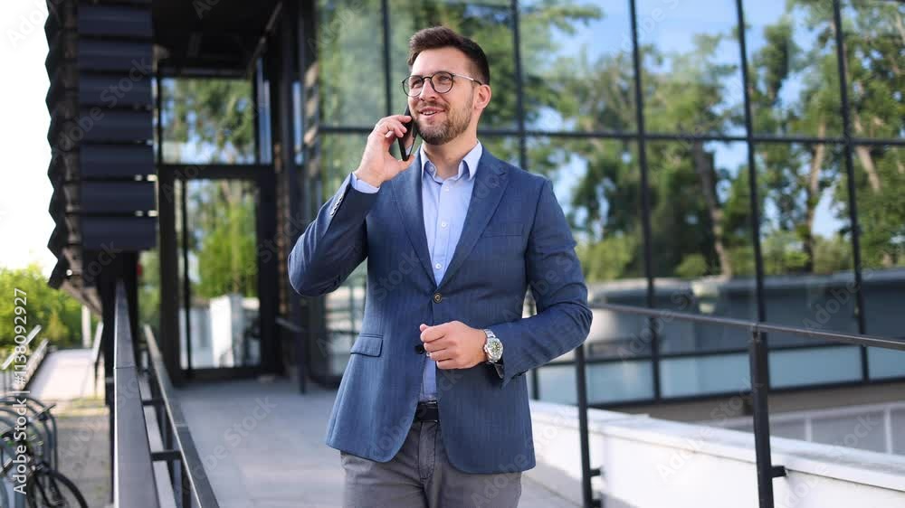 Businessman going out on a break and telephoning Businessman going out on a break and telephoning