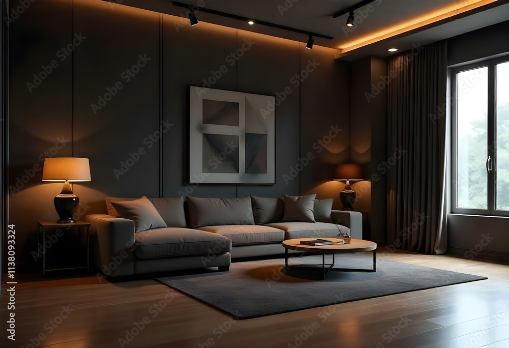 A modern living room with a gray sectional sofa, a large abstract geometric wall feature, and a wooden floor. The room has a warm, cozy atmosphere with indirect lighting A modern living room with a gray sectional sofa, a large abstract geometric wall feature, and a wooden floor. The room has a warm, cozy atmosphere with indirect lighting