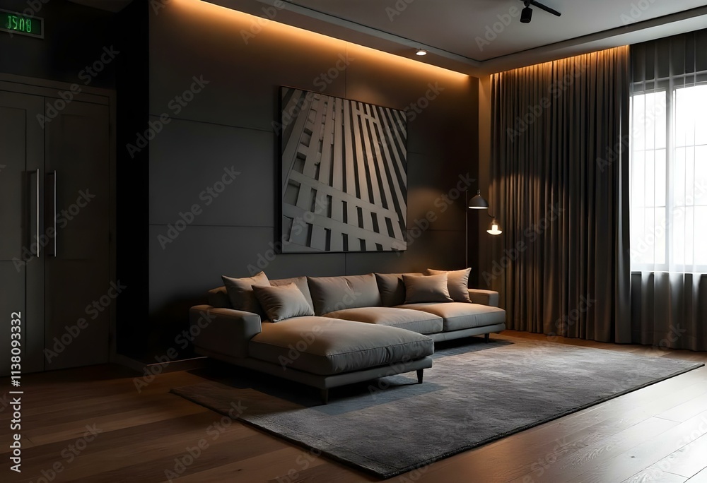 A modern living room with a gray sectional sofa, a large abstract geometric wall feature, and a wooden floor. The room has a warm, cozy atmosphere with indirect lighting A modern living room with a gray sectional sofa, a large abstract geometric wall feature, and a wooden floor. The room has a warm, cozy atmosphere with indirect lighting