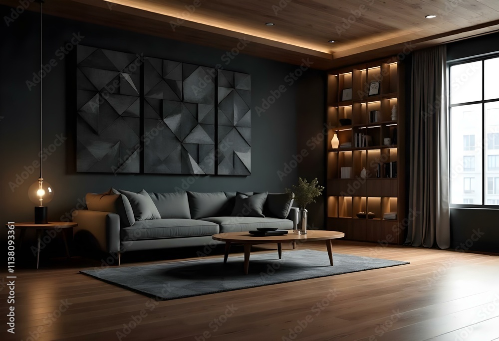 A modern living room with a gray sectional sofa, a large abstract geometric wall feature, and a wooden floor. The room has a warm, cozy atmosphere with indirect lighting A modern living room with a gray sectional sofa, a large abstract geometric wall feature, and a wooden floor. The room has a warm, cozy atmosphere with indirect lighting