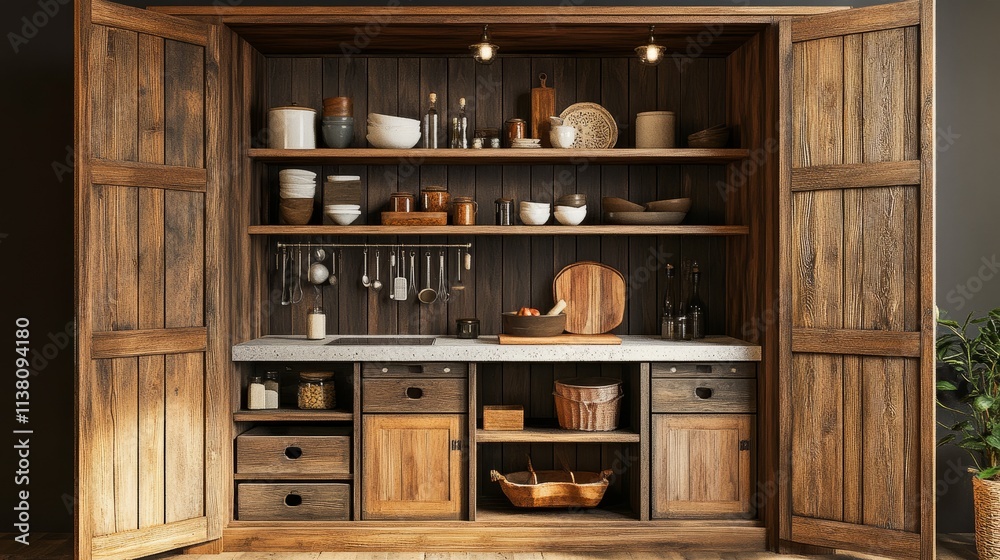 3D illustration of a rustic wooden kitchen with an open wardrobe showcasing shelves, storage spaces, and kitchen decor. 3D illustration of a rustic wooden kitchen with an open wardrobe showcasing shelves, storage spaces, and kitchen decor.