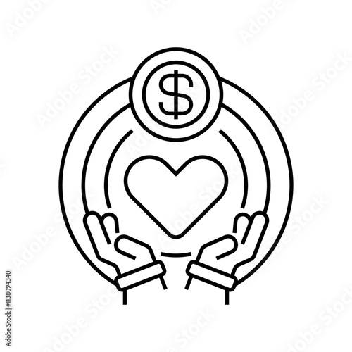 Heart and Coin Line Icon. linear style sign for mobile concept and web design. Outline vector icon.