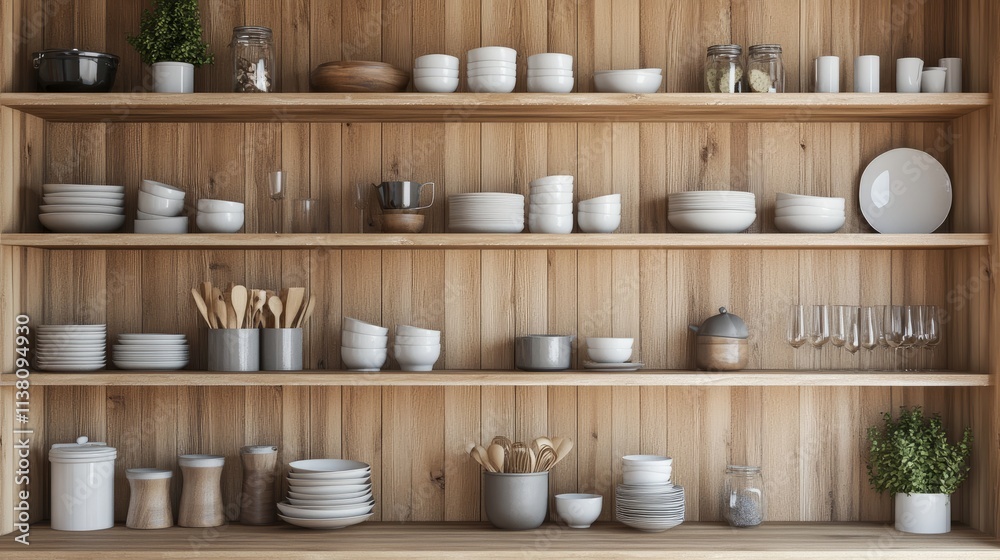 3D-rendered wooden kitchen with open wardrobe storage, featuring shelves filled with neatly arranged dishes and kitchen essentials 3D-rendered wooden kitchen with open wardrobe storage, featuring shelves filled with neatly arranged dishes and kitchen essentials