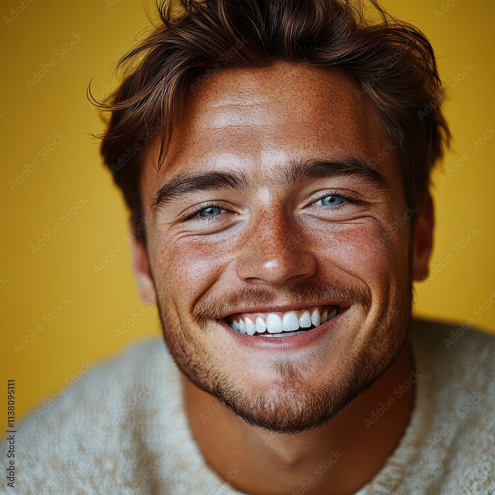 Obraz premium A young man with casual t-shirt is smiling at the camera, solid color background