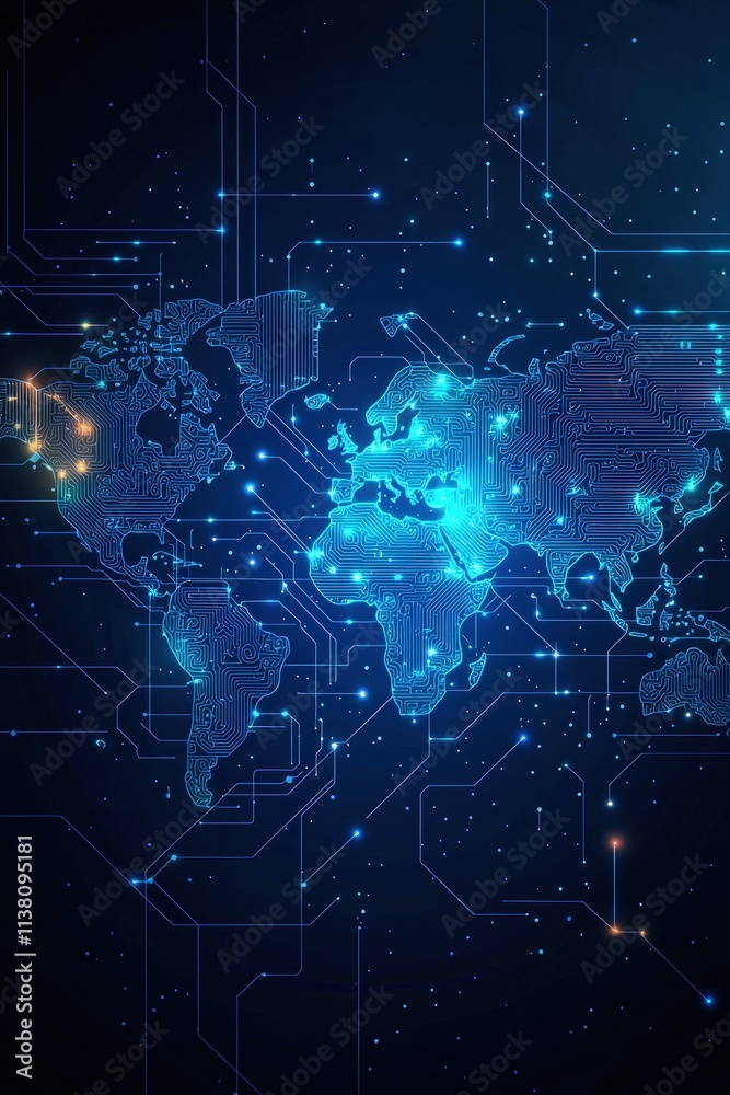 A blue and white image of a globe with a lot of lights on it A blue and white image of a globe with a lot of lights on it