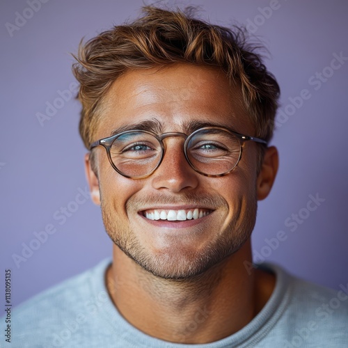 A young man with casual t-shirt is smiling at the camera, solid color background