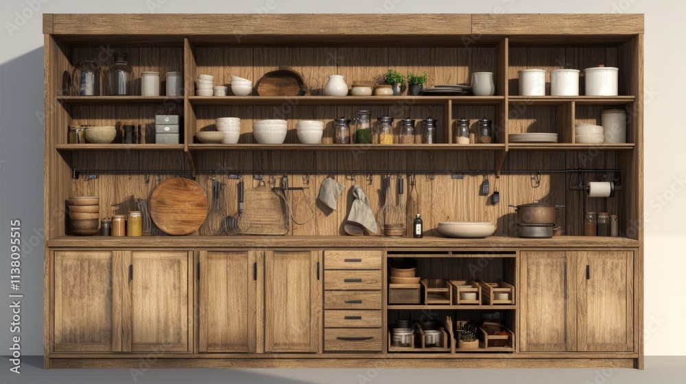 A detailed 3D wooden kitchen featuring an open wardrobe with shelves and organized storage, perfect for a modern home