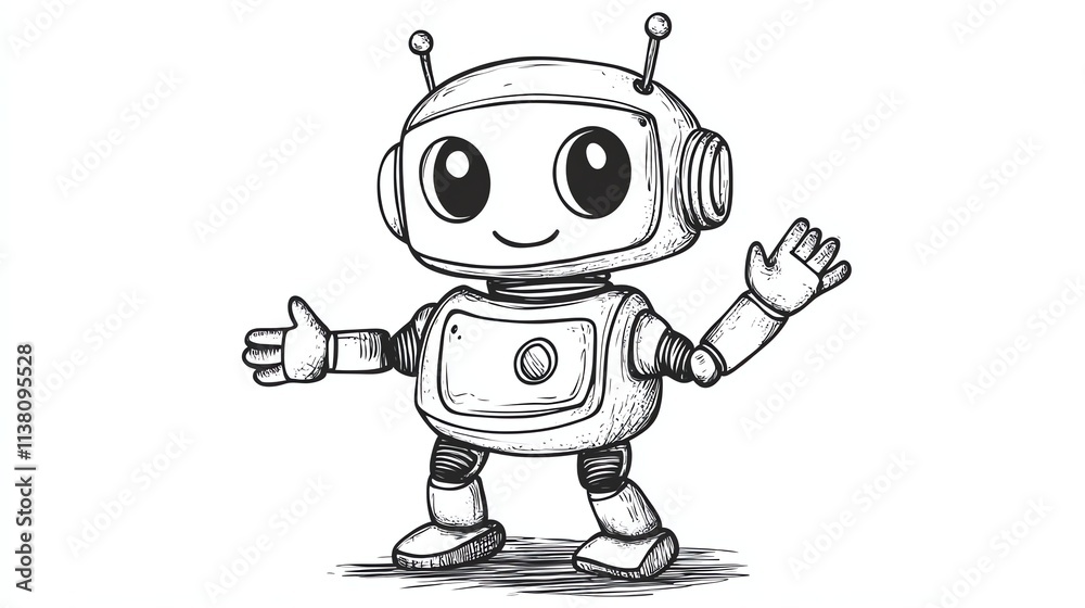 A cute cartoon robot with big eyes waving. A cute cartoon robot with big eyes waving.