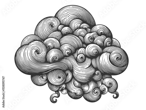 Cloud swirling, stylized cloud design with circular patterns, creating a dynamic, abstract look sketch engraving generative ai vector illustration. Scratch board imitation. Black and white image.